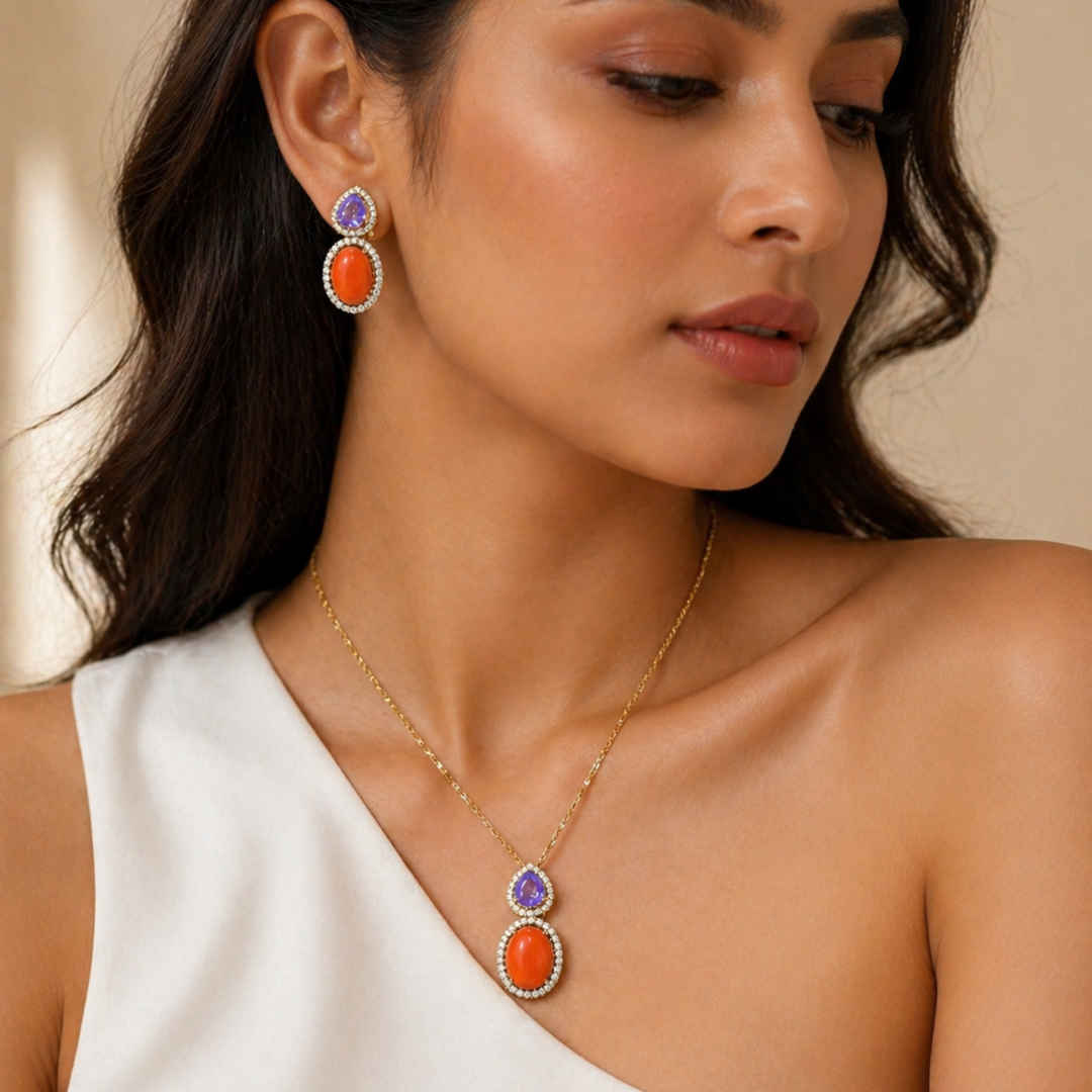 Coral Amethyst Pendant Set