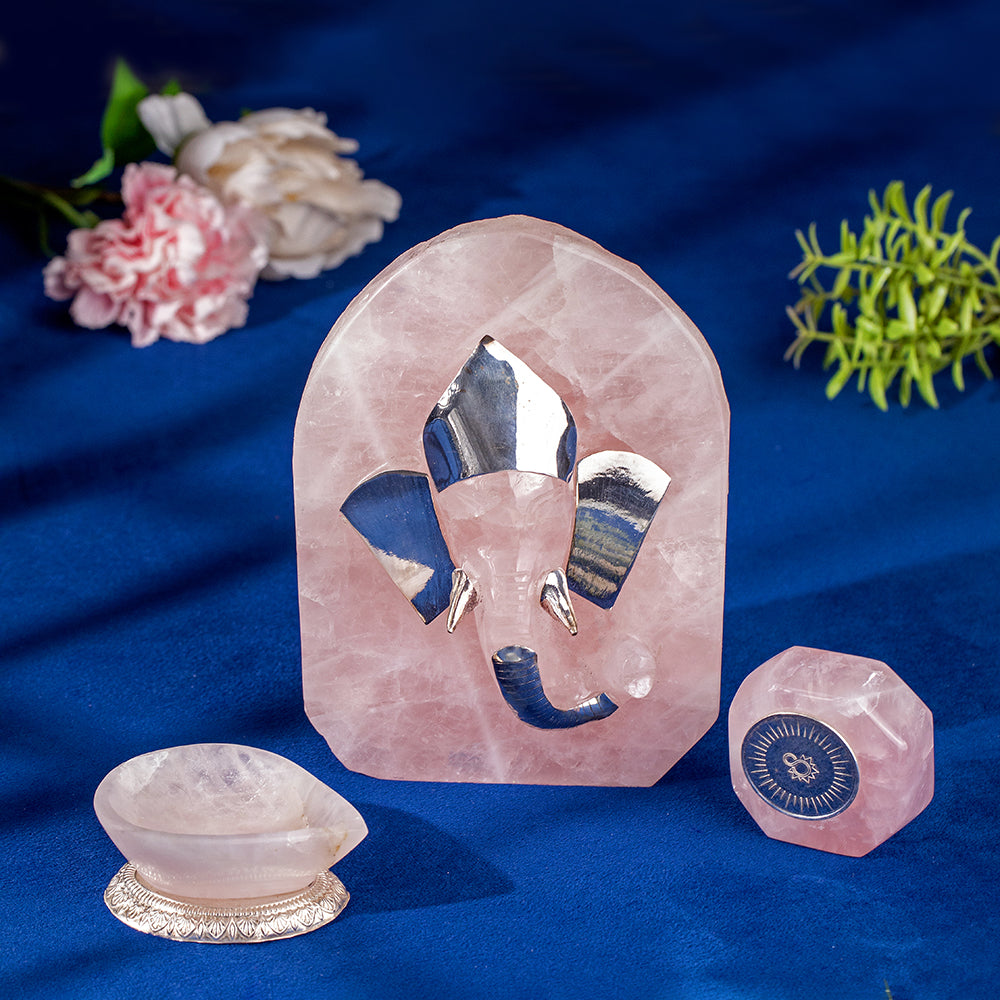 Rose Quartz Ganesh Ji Coin And Diya