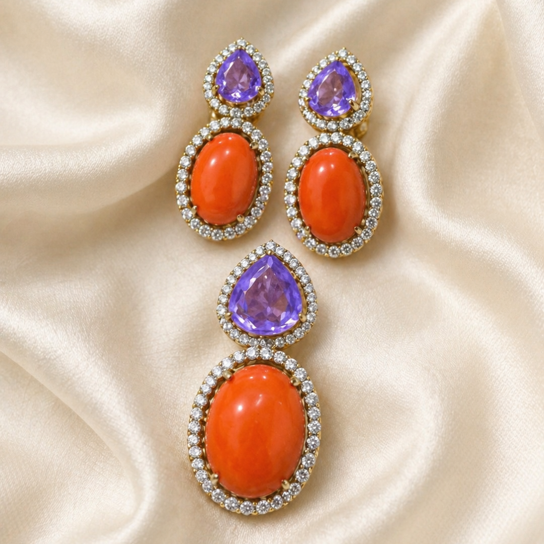 Coral Amethyst Pendant Set
