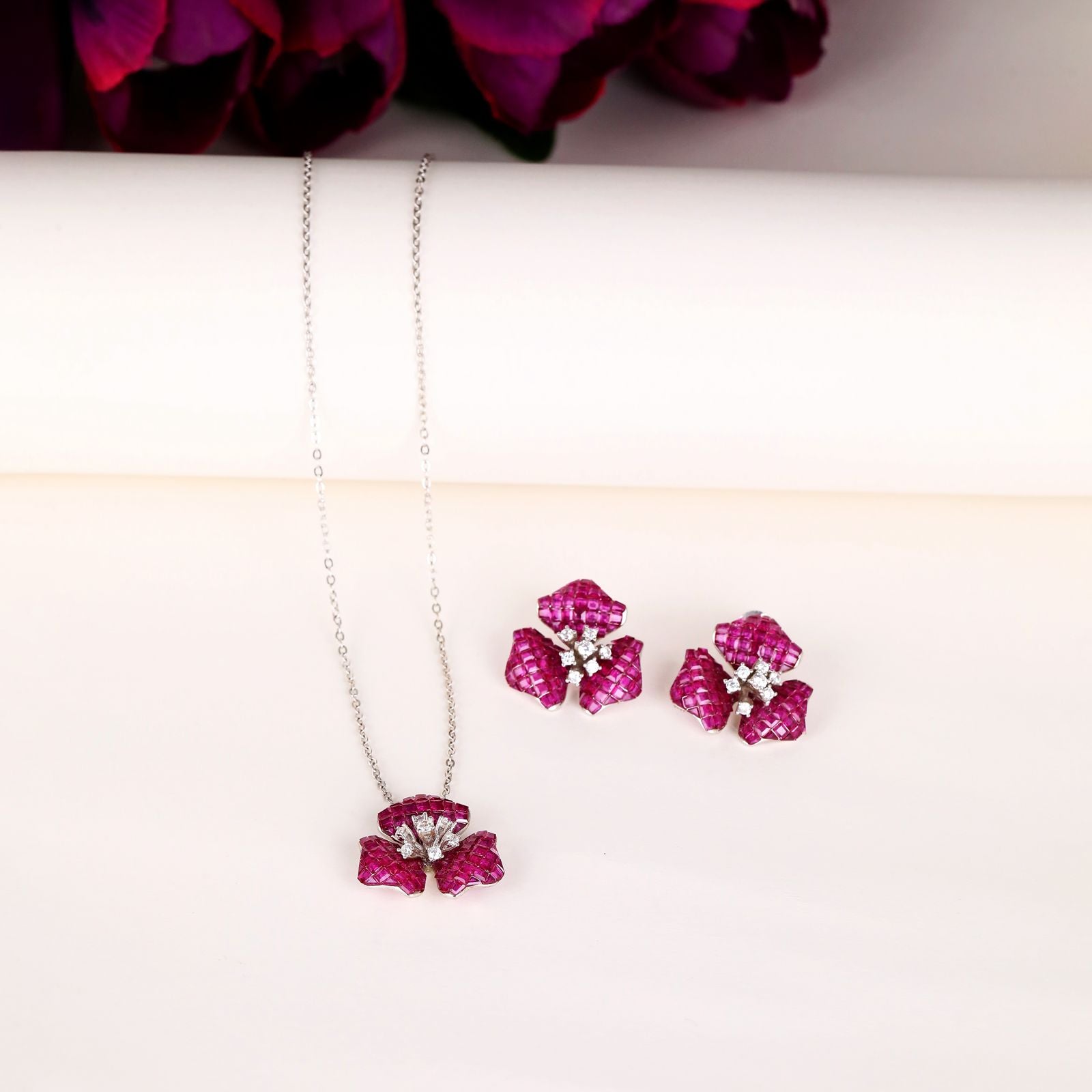 Invisible setting Ruby Pendant Set