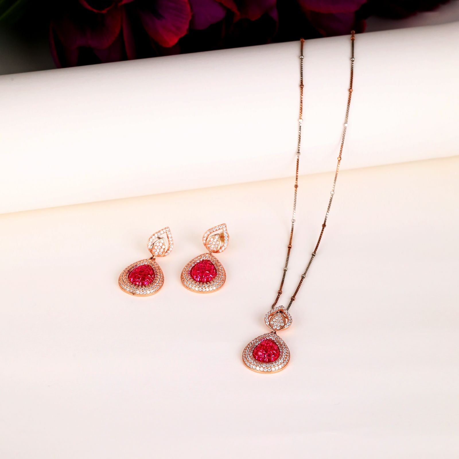 Invisible setting Pear Ruby Pendant Set
